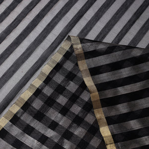 Black - Traditional Chanderi Silk Handloom Zari Stripes Fabric