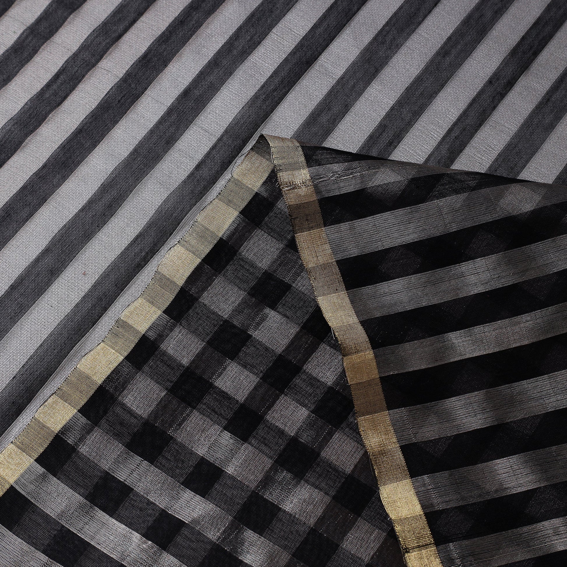 Black - Traditional Chanderi Silk Handloom Zari Stripes Fabric