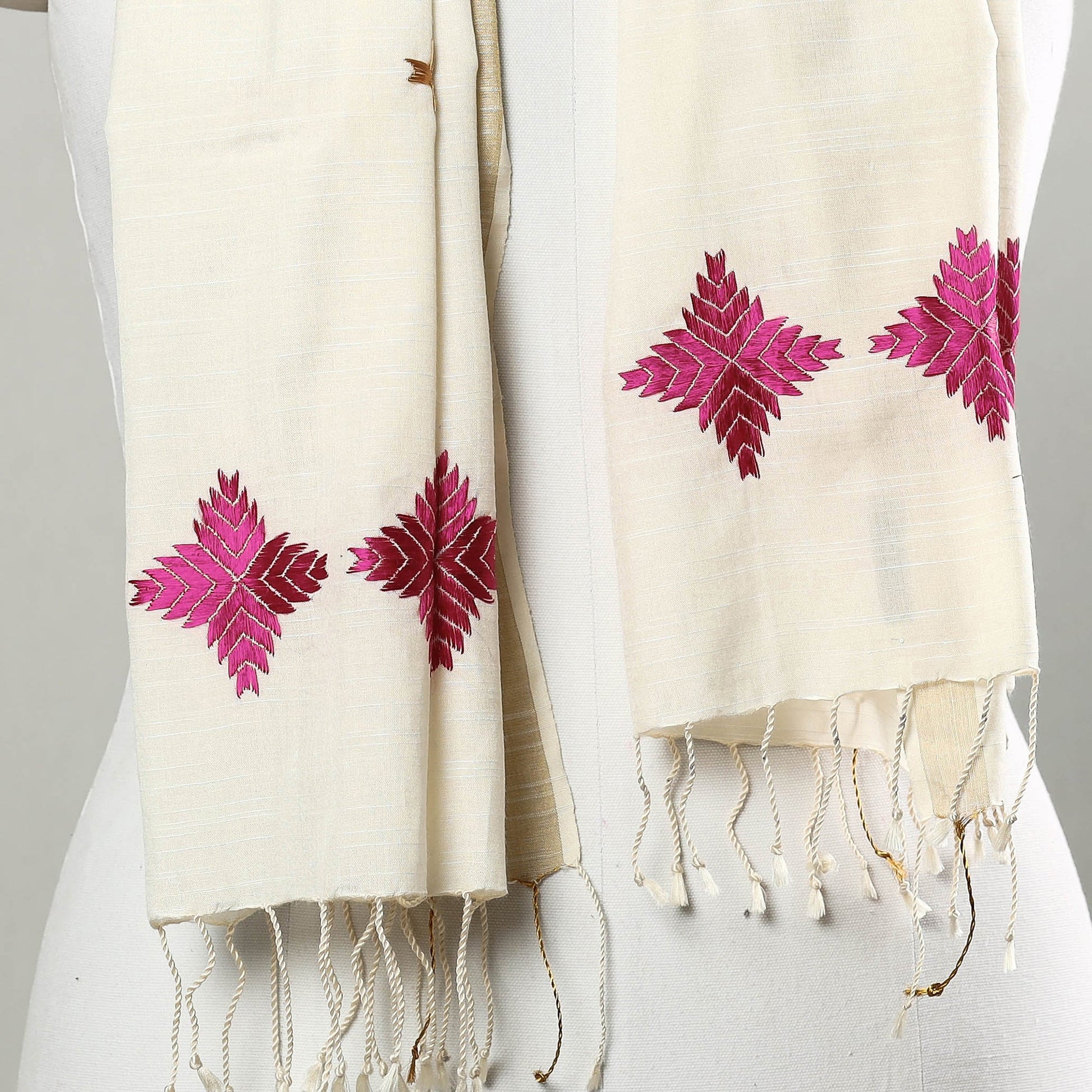 Beige - Phulkari Hand Embroidery Silk Handloom Stole