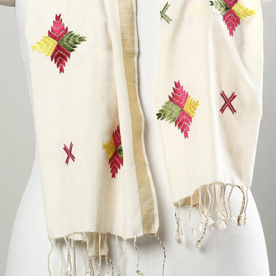 Beige - Phulkari Hand Embroidery Silk Handloom Stole