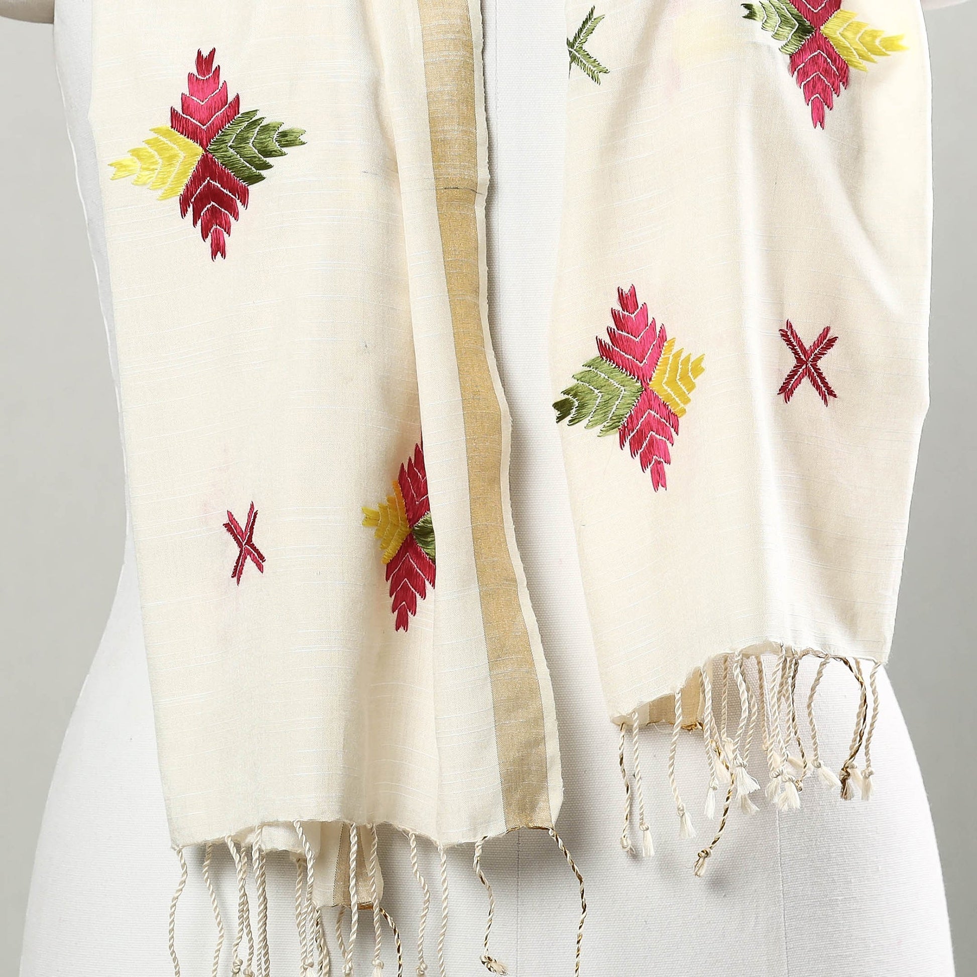 Beige - Phulkari Hand Embroidery Silk Handloom Stole