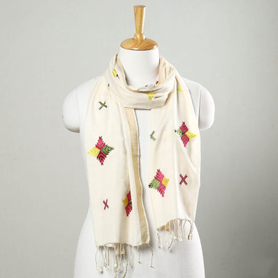 Beige - Phulkari Hand Embroidery Silk Handloom Stole