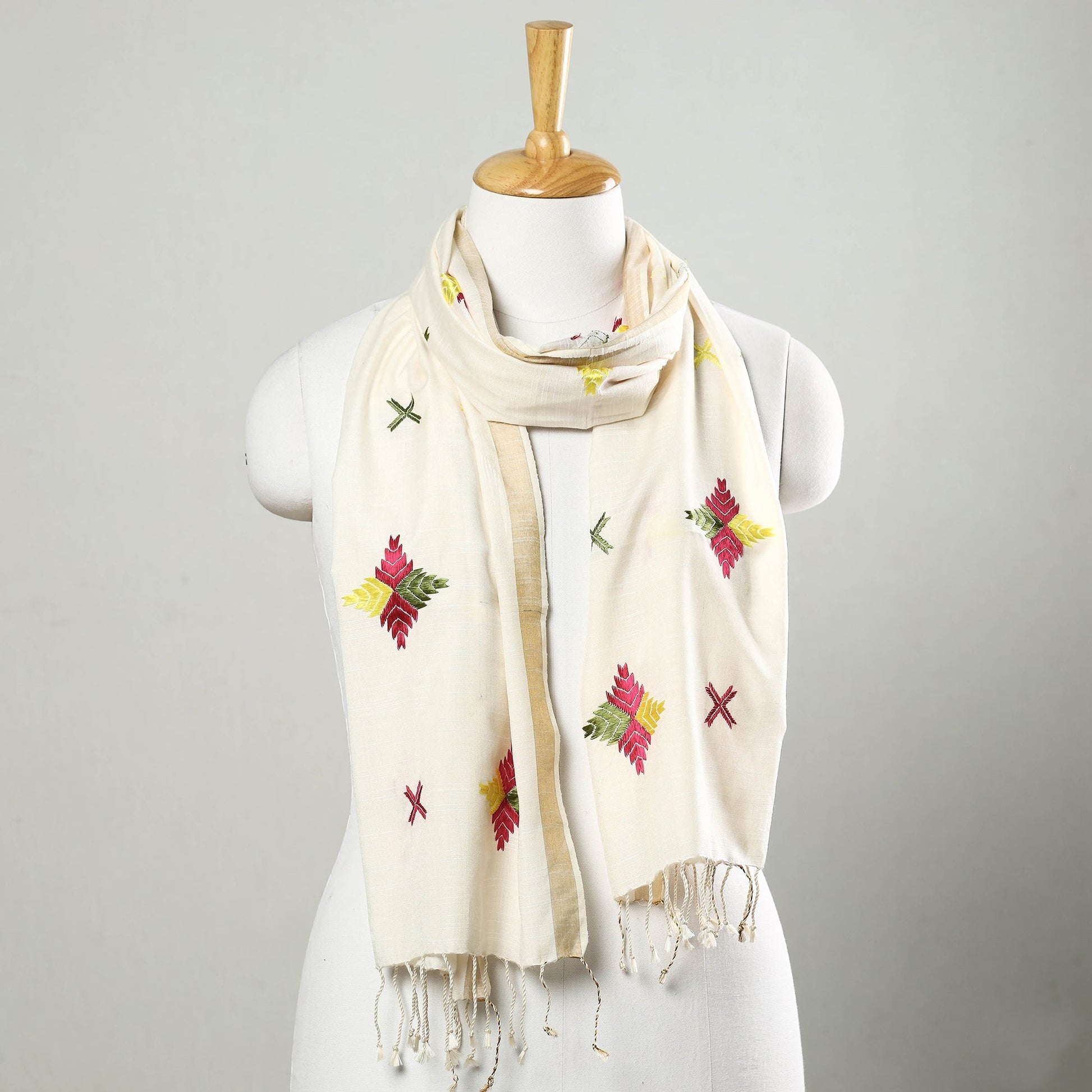 Beige - Phulkari Hand Embroidery Silk Handloom Stole
