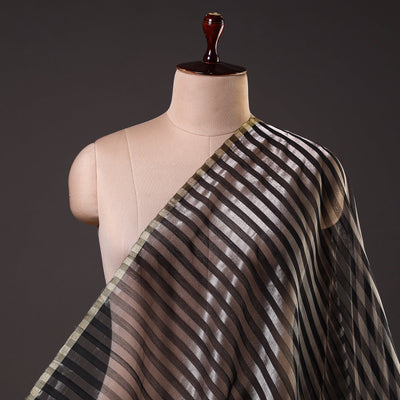 Black - Traditional Chanderi Silk Handloom Zari Stripes Fabric