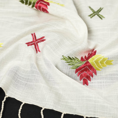 Beige - Phulkari Hand Embroidery Silk Handloom Stole