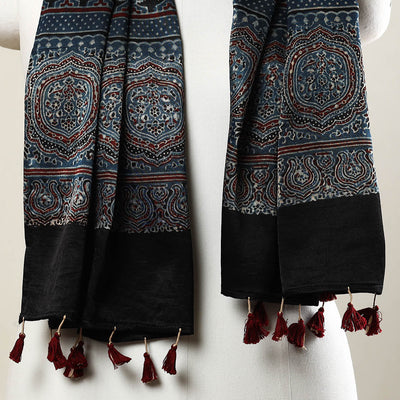 Blue - Ajrakh Block Printed Mashru Silk Stole with Tassels