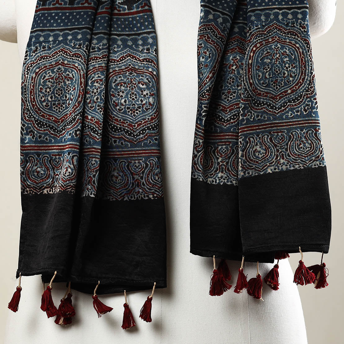 Blue - Ajrakh Block Printed Mashru Silk Stole with Tassels
