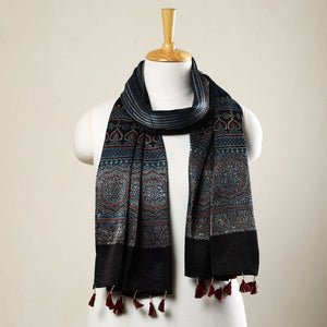 Blue - Ajrakh Block Printed Mashru Silk Stole with Tassels