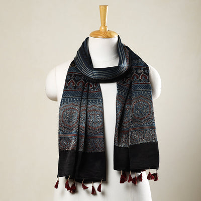 Blue - Ajrakh Block Printed Mashru Silk Stole with Tassels