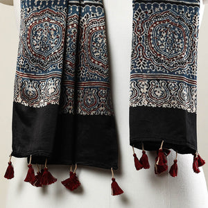 Black - Ajrakh Block Printed Mashru Silk Stole with Tassels
