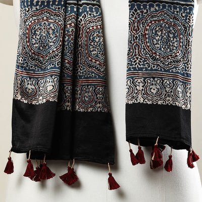 Black - Ajrakh Block Printed Mashru Silk Stole with Tassels