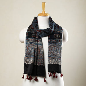 Black - Ajrakh Block Printed Mashru Silk Stole with Tassels