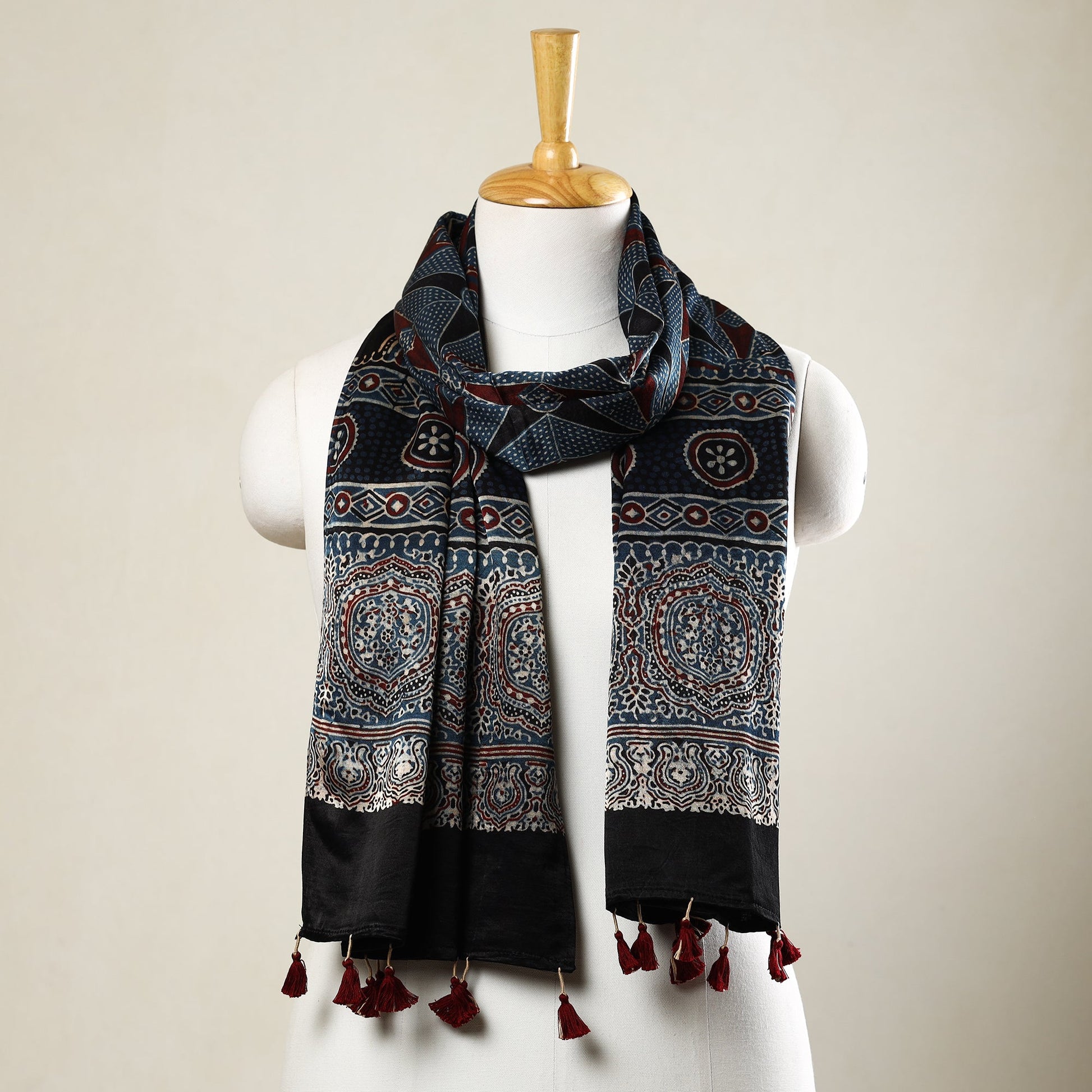 Black - Ajrakh Block Printed Mashru Silk Stole with Tassels