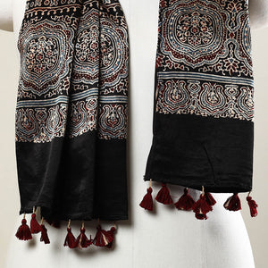 Black - Ajrakh Block Printed Mashru Silk Stole with Tassels