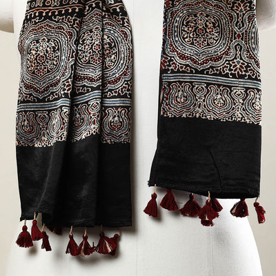 Black - Ajrakh Block Printed Mashru Silk Stole with Tassels