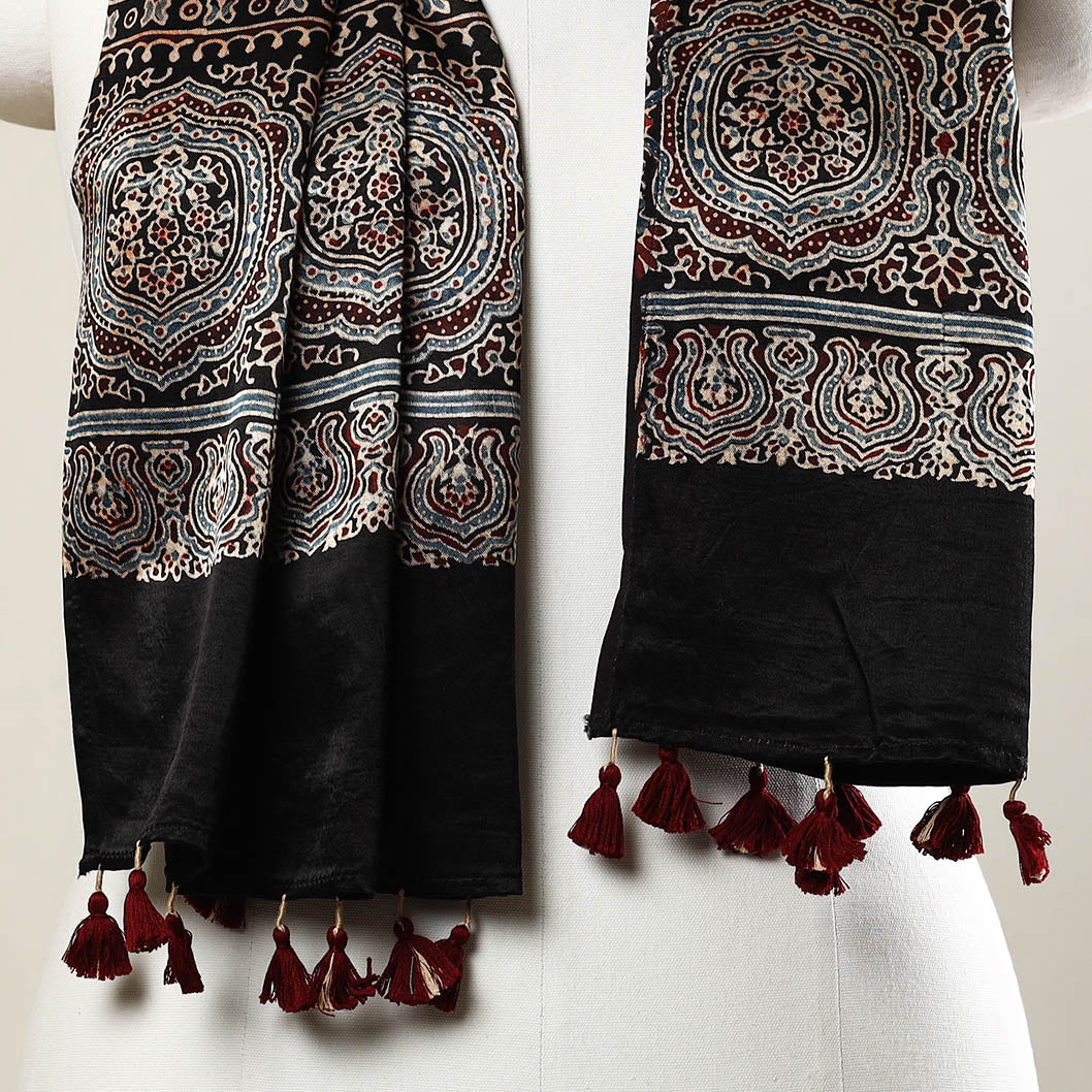 Black - Ajrakh Block Printed Mashru Silk Stole with Tassels