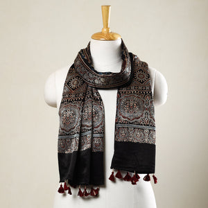 Black - Ajrakh Block Printed Mashru Silk Stole with Tassels