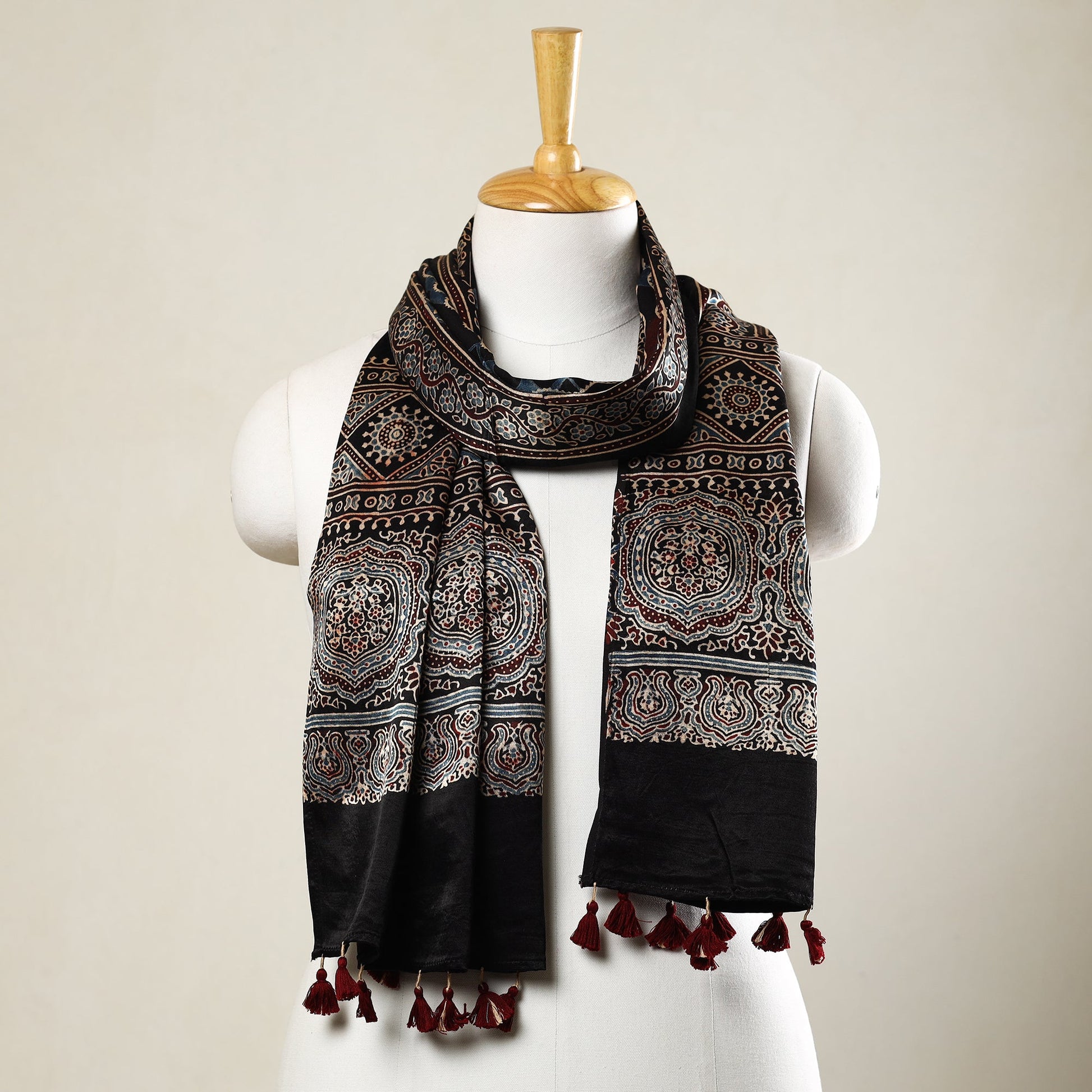 Black - Ajrakh Block Printed Mashru Silk Stole with Tassels