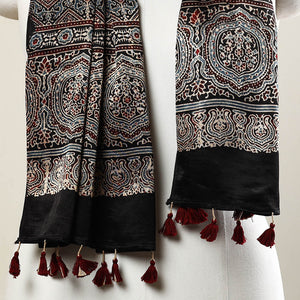 Black - Ajrakh Block Printed Mashru Silk Stole with Tassels