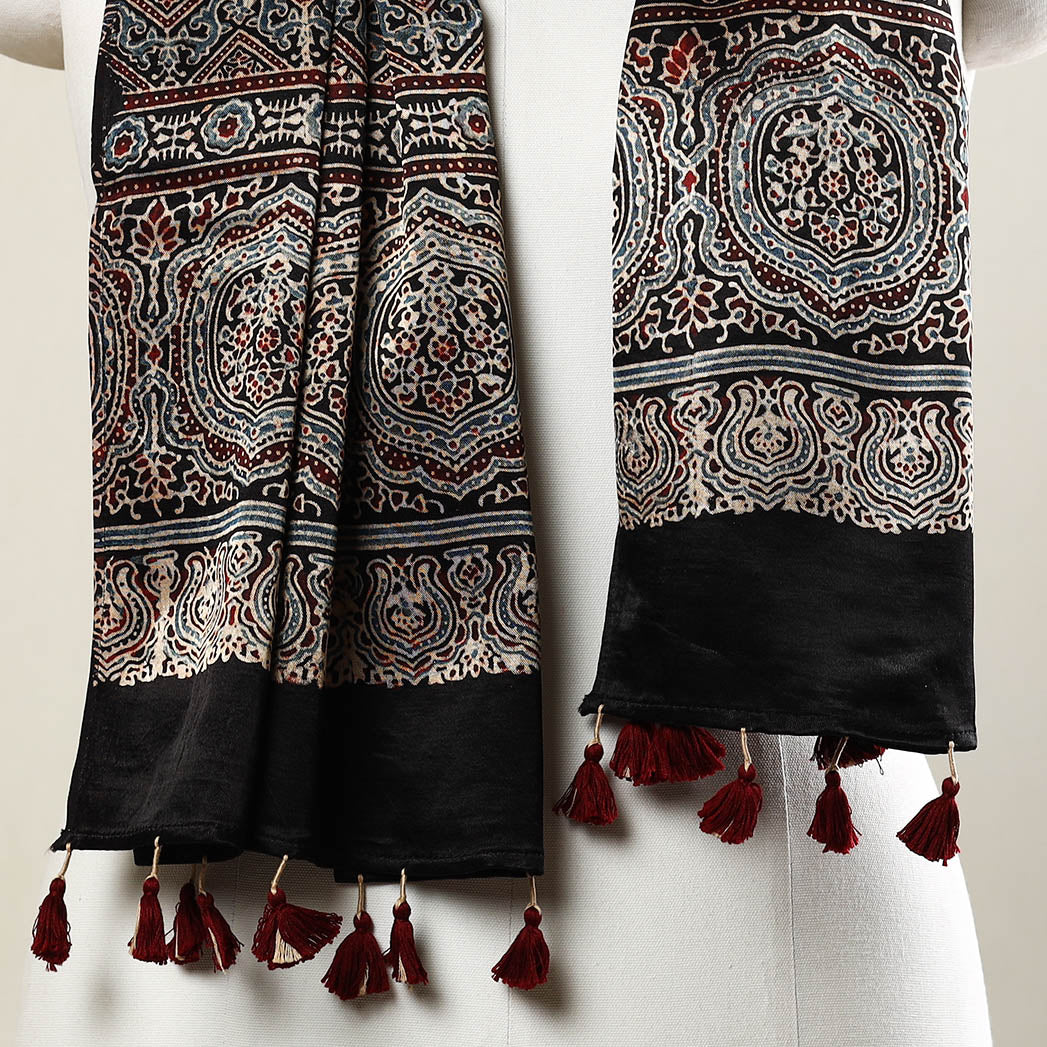 Black - Ajrakh Block Printed Mashru Silk Stole with Tassels