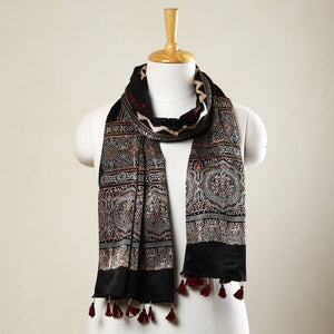 Black - Ajrakh Block Printed Mashru Silk Stole with Tassels