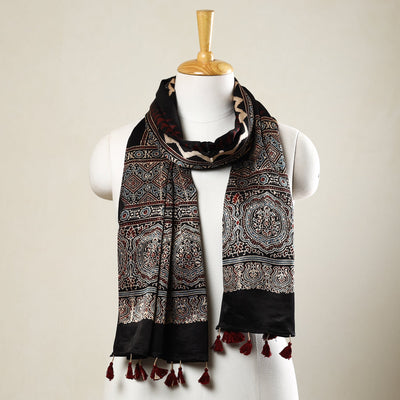 Black - Ajrakh Block Printed Mashru Silk Stole with Tassels