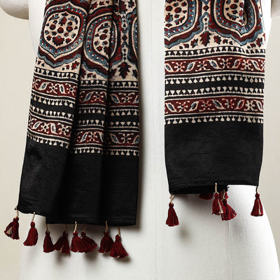 Black - Ajrakh Block Printed Mashru Silk Stole with Tassels