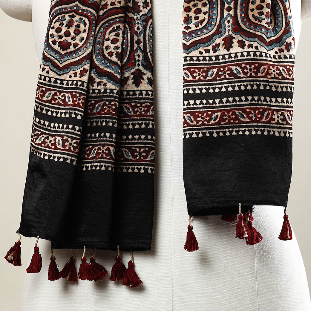 Black - Ajrakh Block Printed Mashru Silk Stole with Tassels