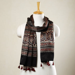 Black - Ajrakh Block Printed Mashru Silk Stole with Tassels