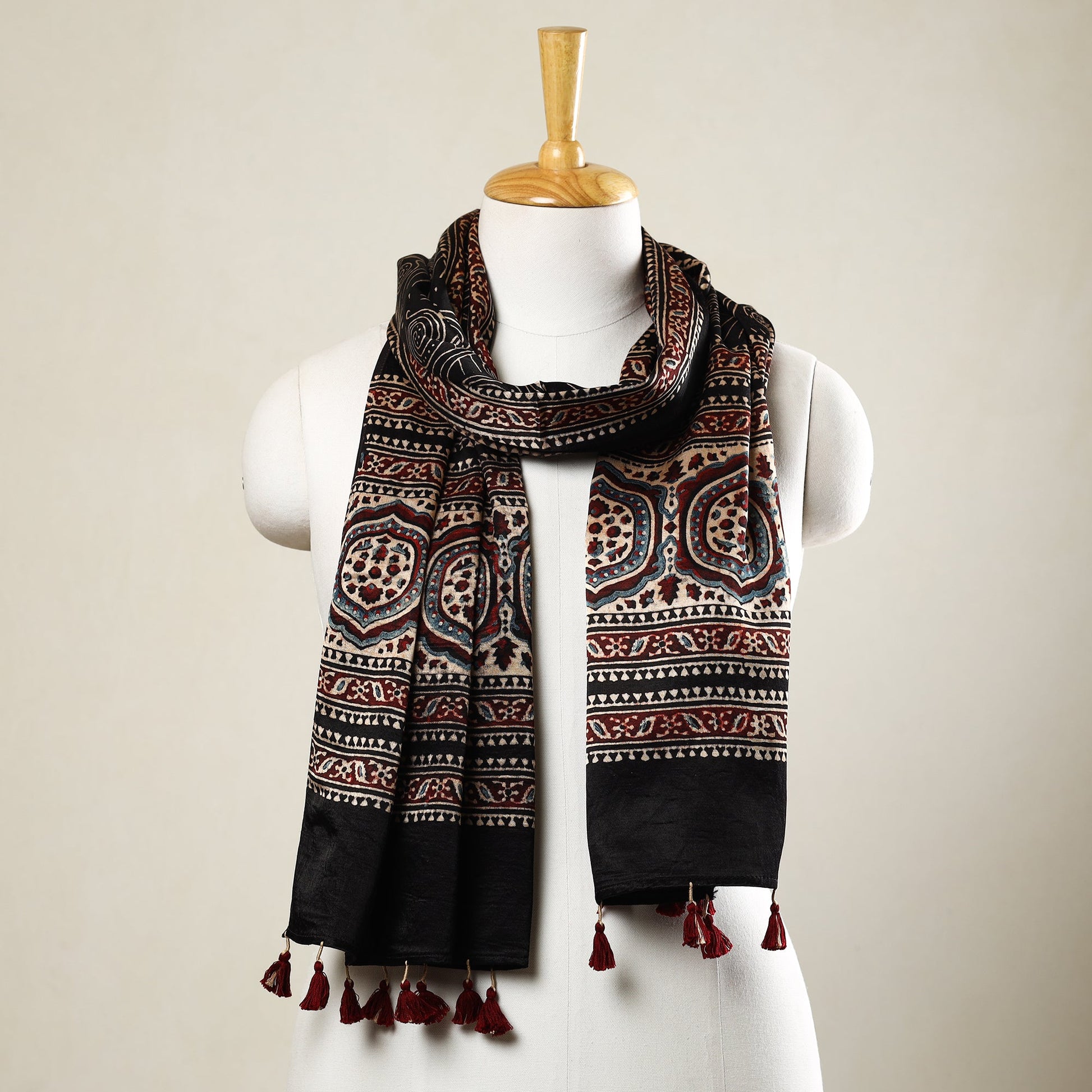 Black - Ajrakh Block Printed Mashru Silk Stole with Tassels