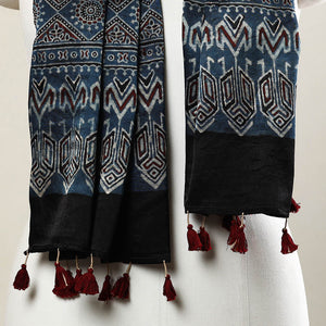 Blue - Ajrakh Block Printed Mashru Silk Stole with Tassels