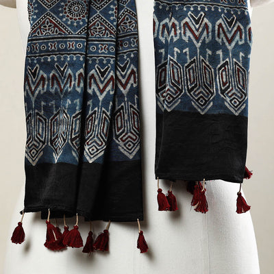 Blue - Ajrakh Block Printed Mashru Silk Stole with Tassels