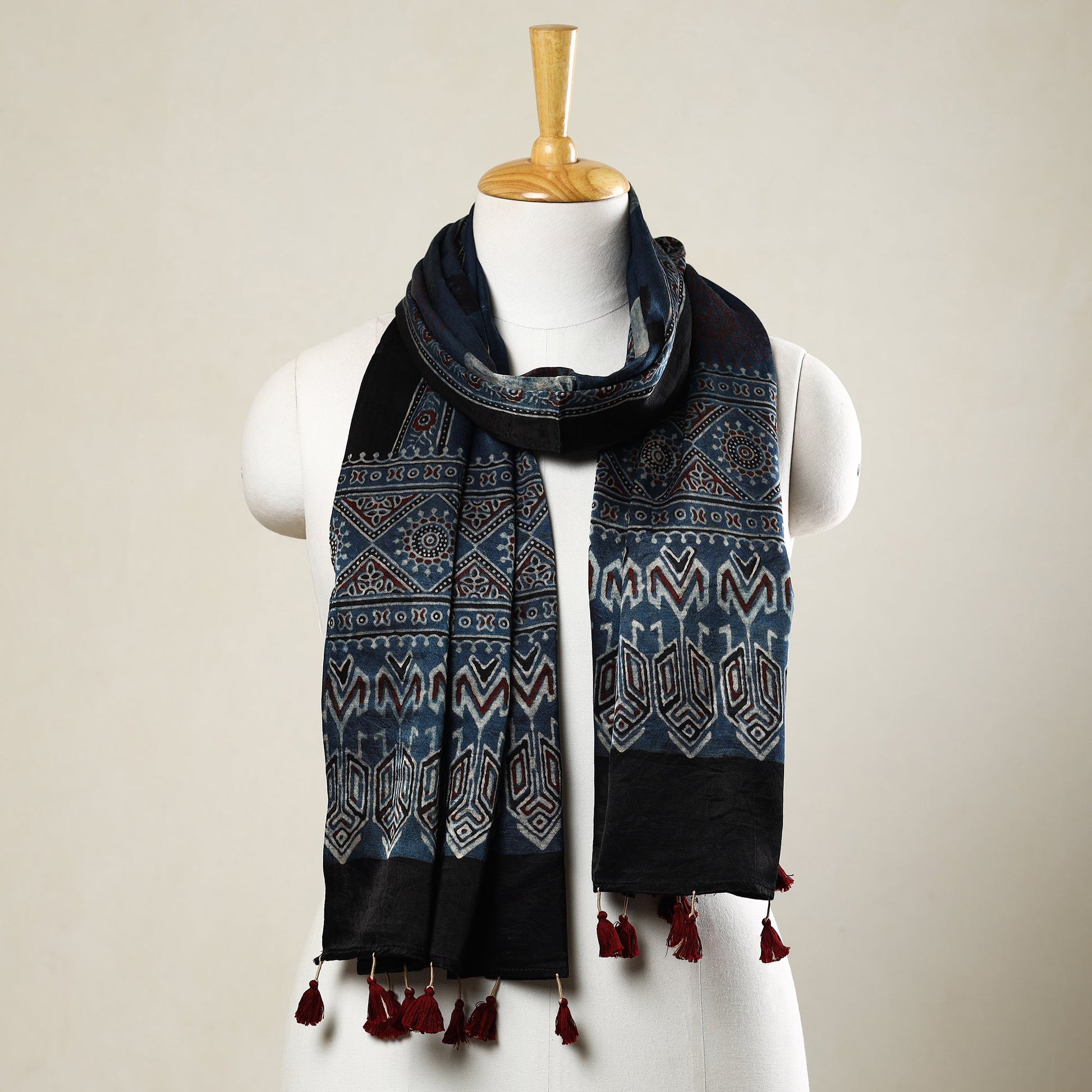 Blue - Ajrakh Block Printed Mashru Silk Stole with Tassels
