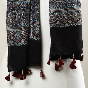 Blue - Ajrakh Block Printed Modal Silk Stole with Tassels