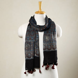 Blue - Ajrakh Block Printed Modal Silk Stole with Tassels