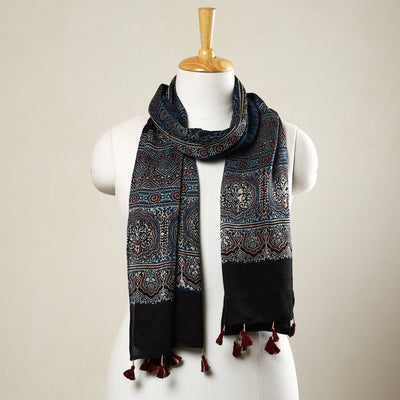 Blue - Ajrakh Block Printed Modal Silk Stole with Tassels