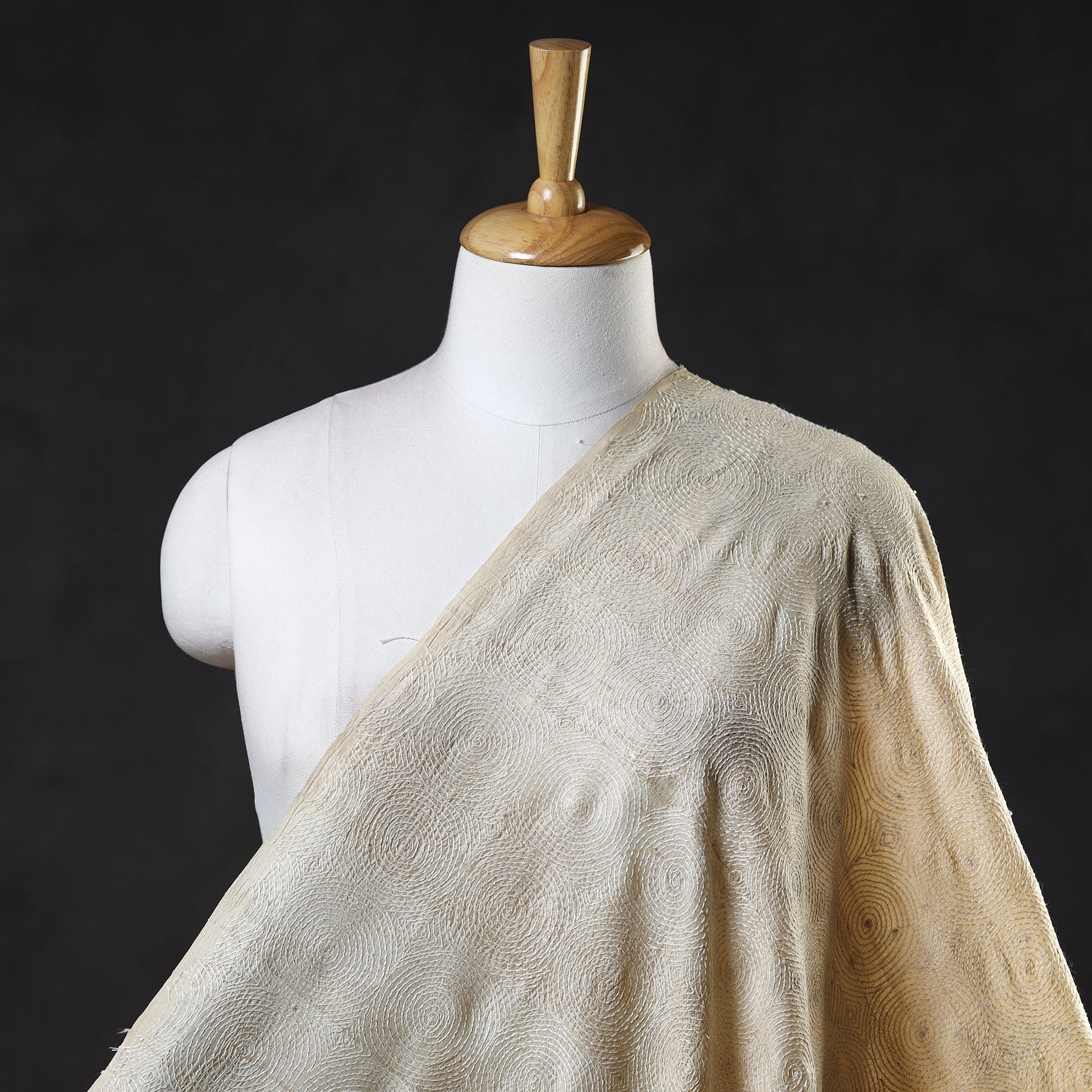 Beige - Handloom Tussar Silk Bengal Kantha Fabric 02