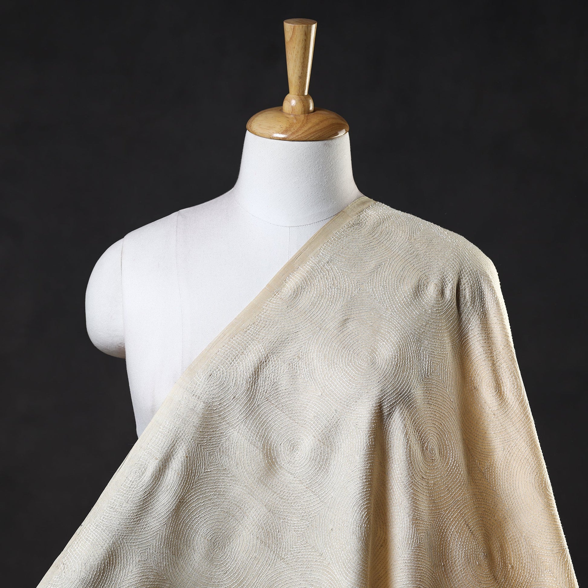 Beige - Handloom Tussar Silk Bengal Kantha Fabric 07