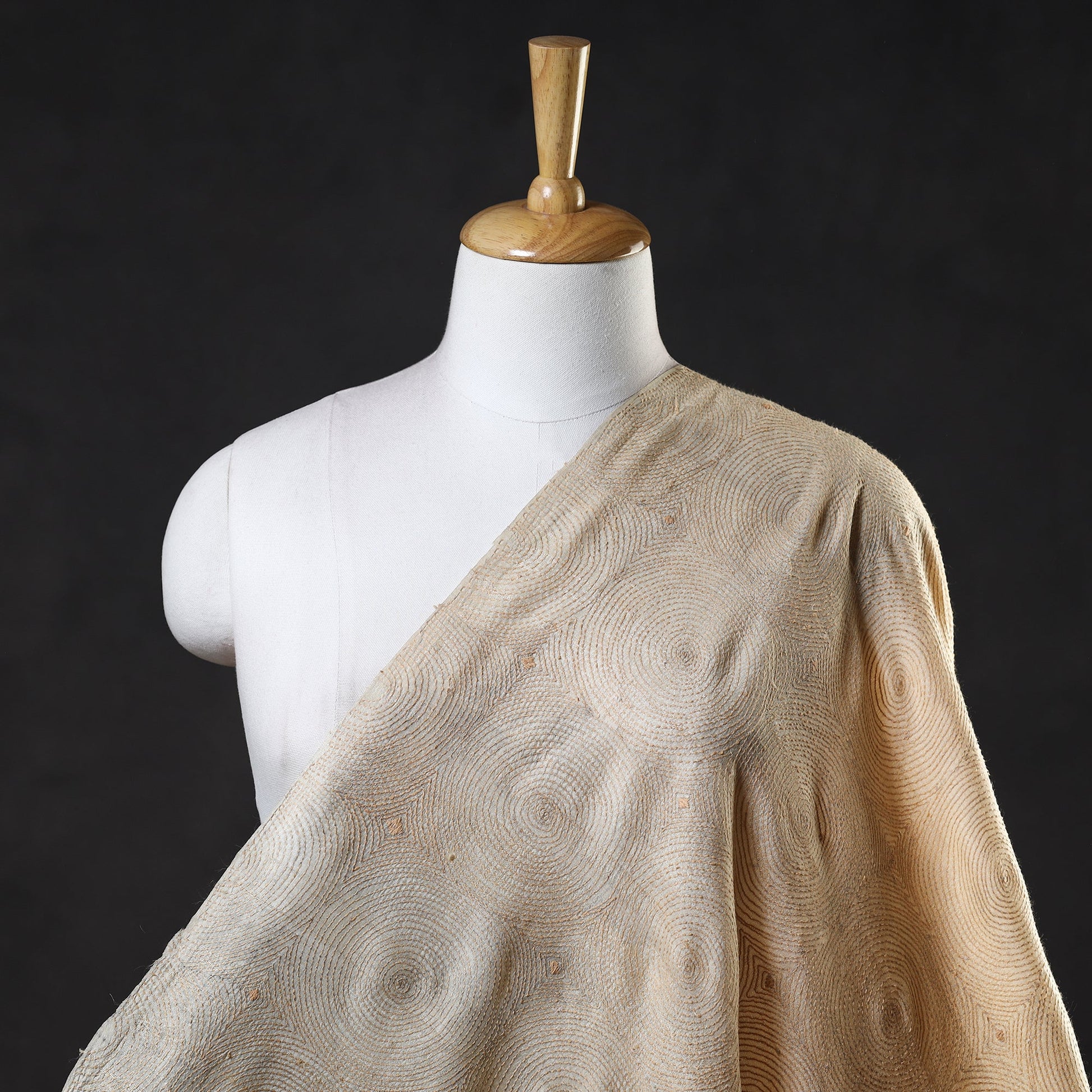 Beige - Bengal Kantha Work Pure Tussar Silk Handloom Fabric
