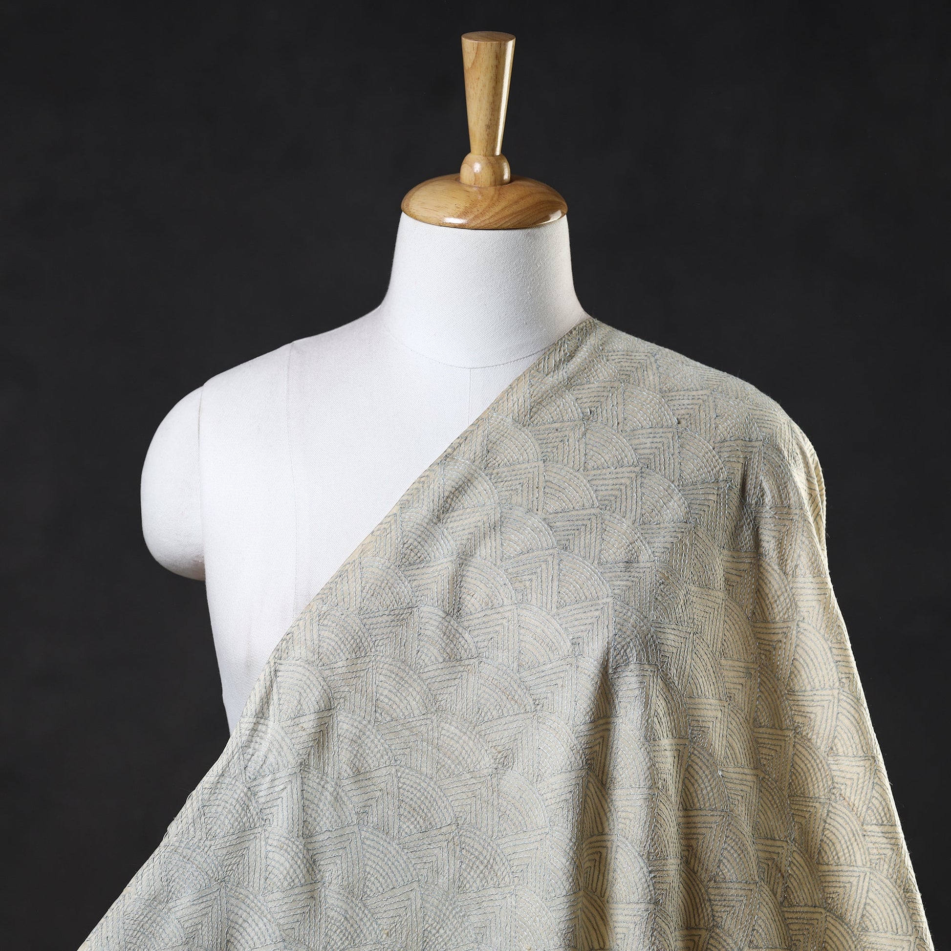Beige - Bengal Kantha Work Pure Tussar Silk Handloom Fabric