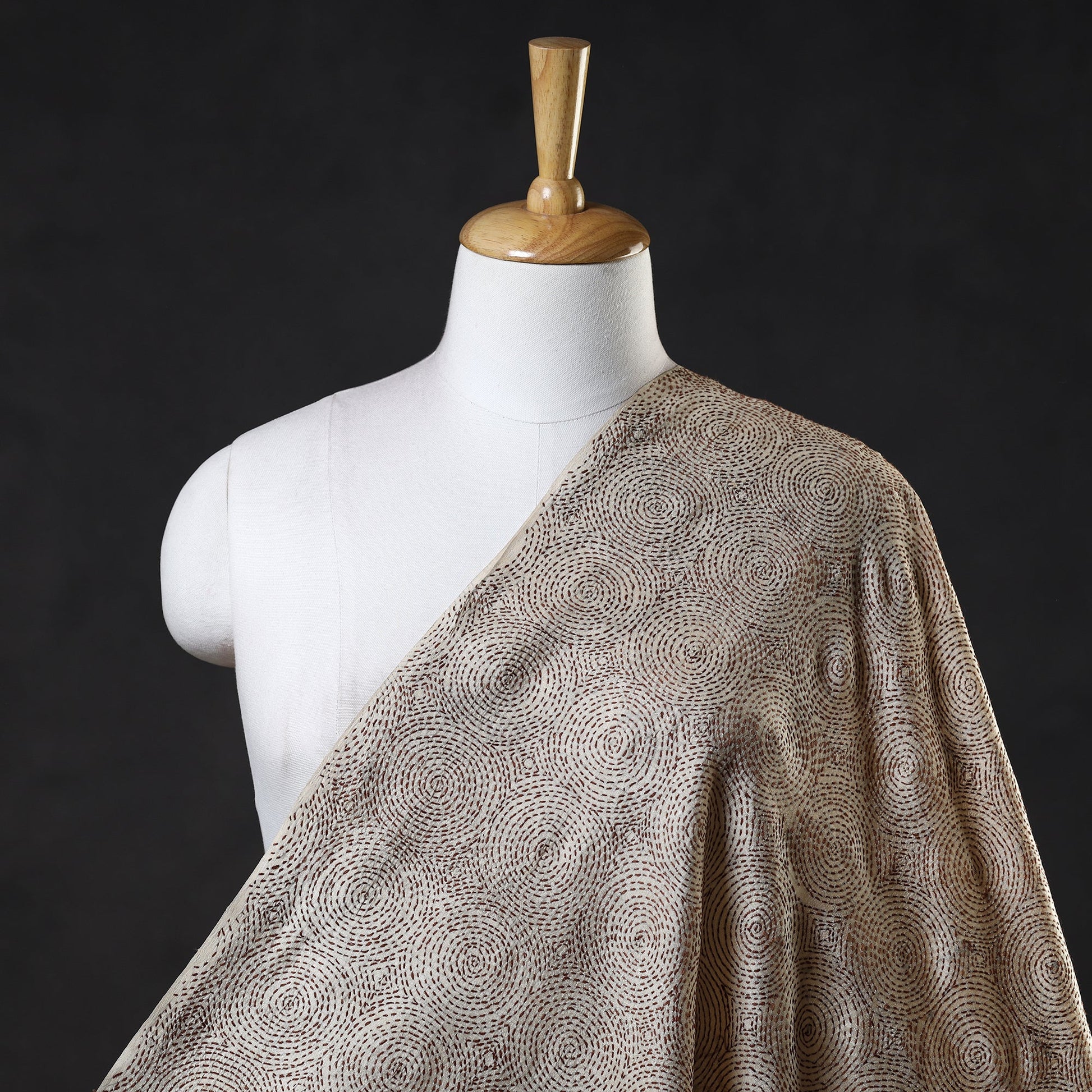 Beige - Bengal Kantha Work Pure Tussar Silk Handloom Fabric