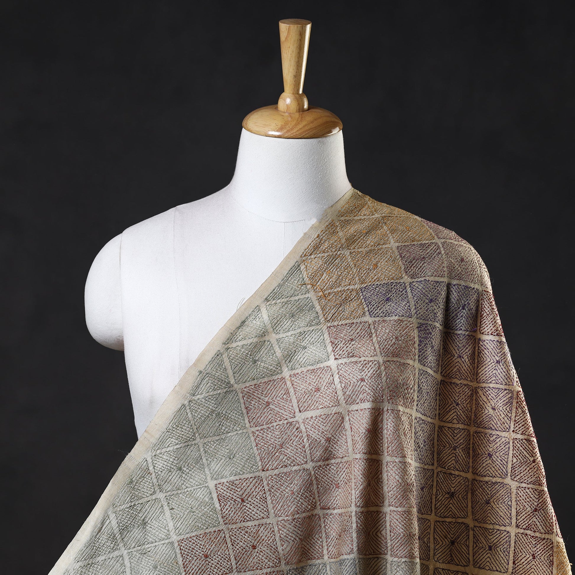 Beige - Bengal Kantha Work Pure Tussar Silk Handloom Fabric