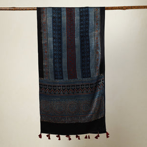 Blue - Ajrakh Block Printed Mashru Silk Stole with Tassels
