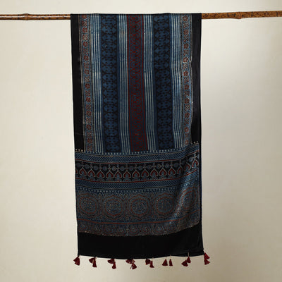 Blue - Ajrakh Block Printed Mashru Silk Stole with Tassels