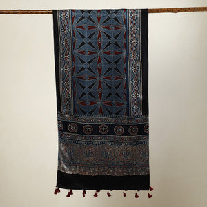 Black - Ajrakh Block Printed Mashru Silk Stole with Tassels