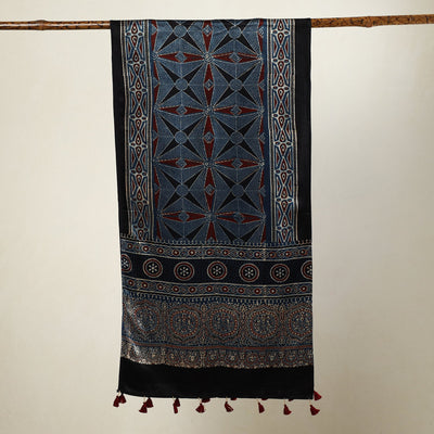 Black - Ajrakh Block Printed Mashru Silk Stole with Tassels