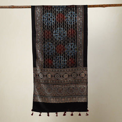 Black - Ajrakh Block Printed Mashru Silk Stole with Tassels
