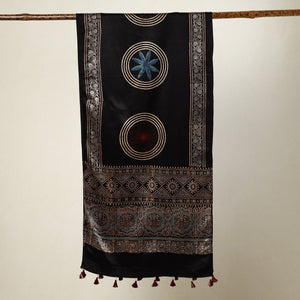 Black - Ajrakh Block Printed Mashru Silk Stole with Tassels