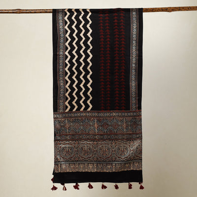 Black - Ajrakh Block Printed Mashru Silk Stole with Tassels