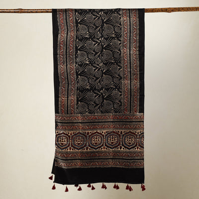 Black - Ajrakh Block Printed Mashru Silk Stole with Tassels
